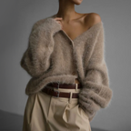 Flauschige Damen Strickjacke V-Ausschnitt