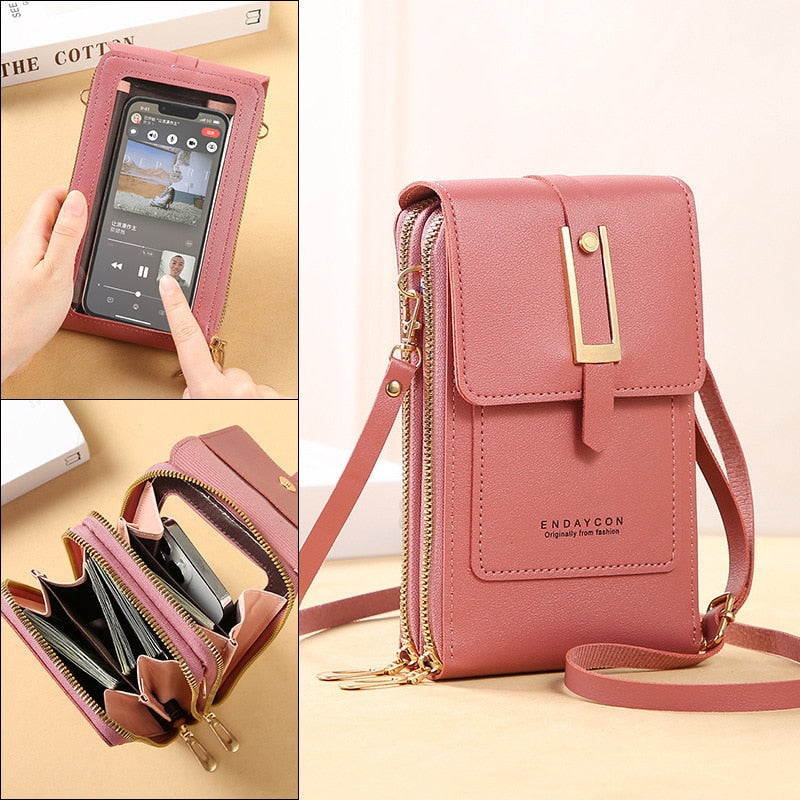 Ulrike | Leder Smartphone Clutch – Damen Handtasche mit Touchscreen-Fenster