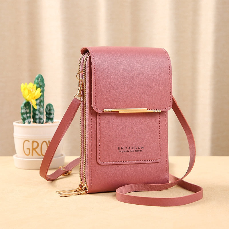 Ulrike | Leder Smartphone Clutch – Damen Handtasche mit Touchscreen-Fenster
