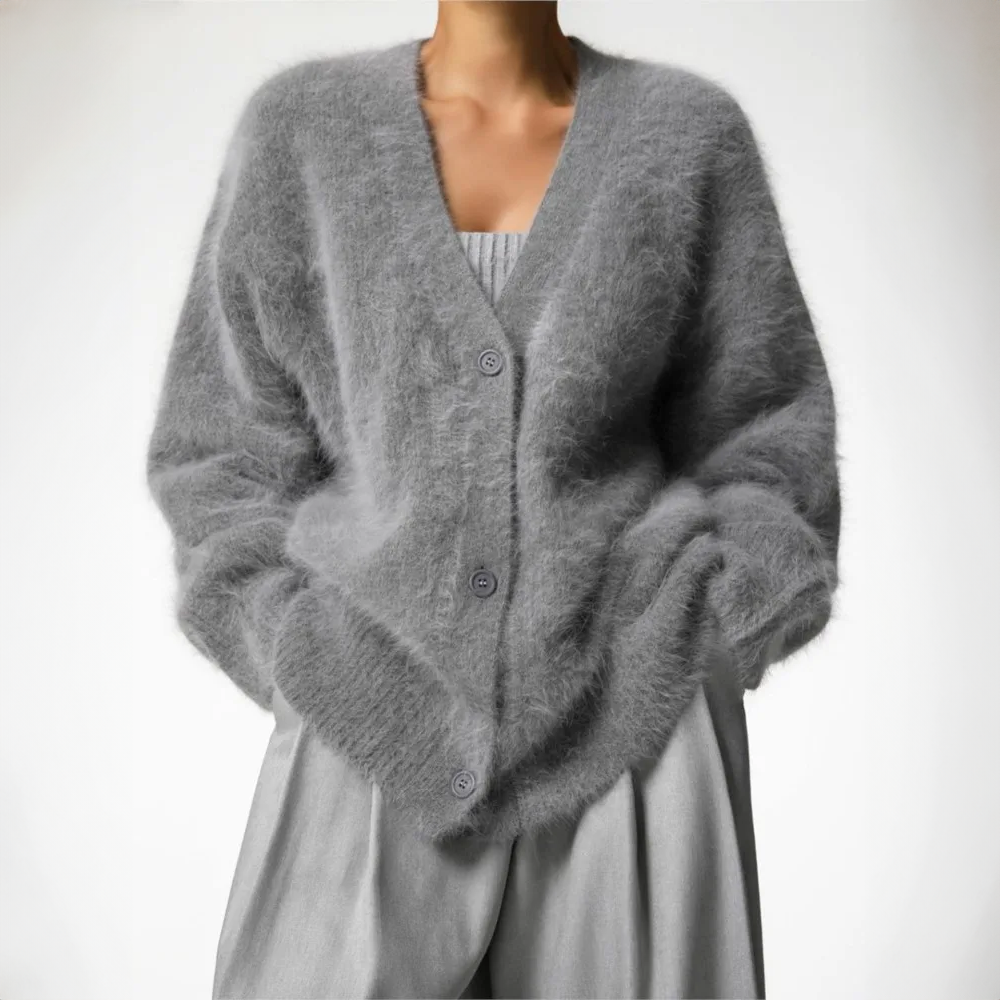 Flauschige Damen Strickjacke V-Ausschnitt