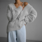Flauschige Damen Strickjacke V-Ausschnitt