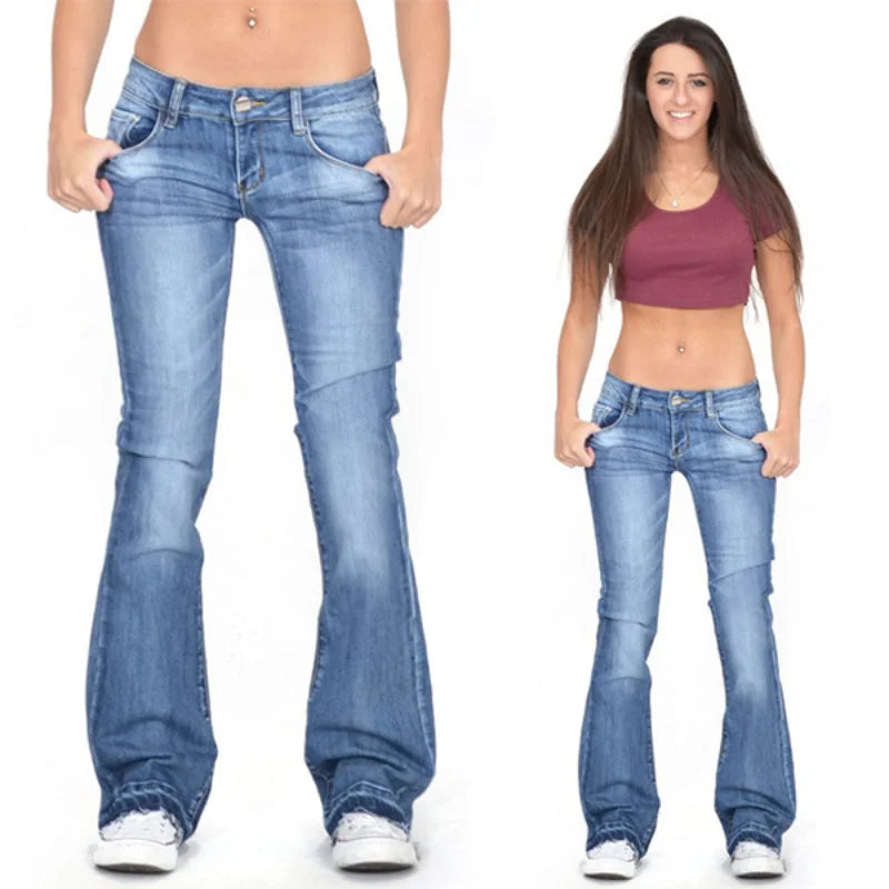 Damen Denim Low-Rise Flared Jeans mit lässigem Vintage-Look & Ausgestelltem Bein | Drune