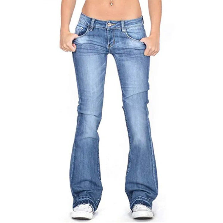 Damen Denim Low-Rise Flared Jeans mit lässigem Vintage-Look & Ausgestelltem Bein | Drune