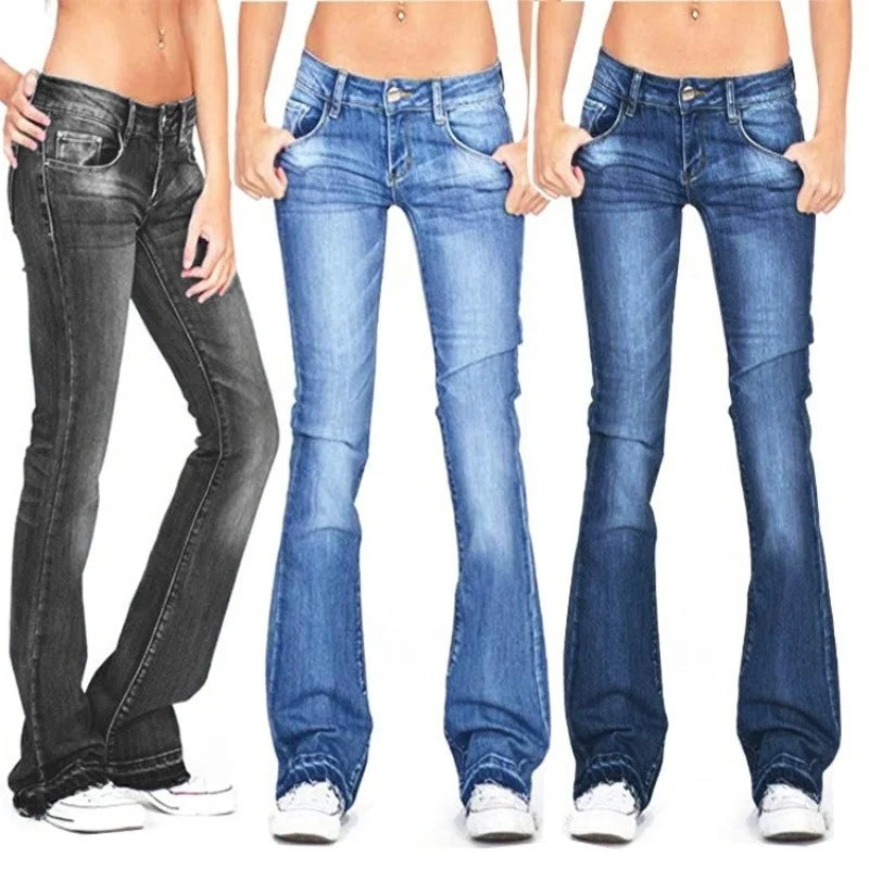 Damen Denim Low-Rise Flared Jeans mit lässigem Vintage-Look & Ausgestelltem Bein | Drune