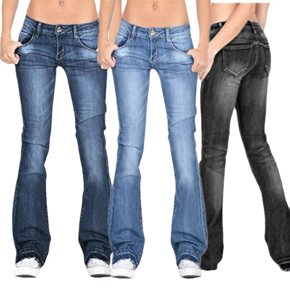 Damen Denim Low-Rise Flared Jeans mit lässigem Vintage-Look & Ausgestelltem Bein | Drune