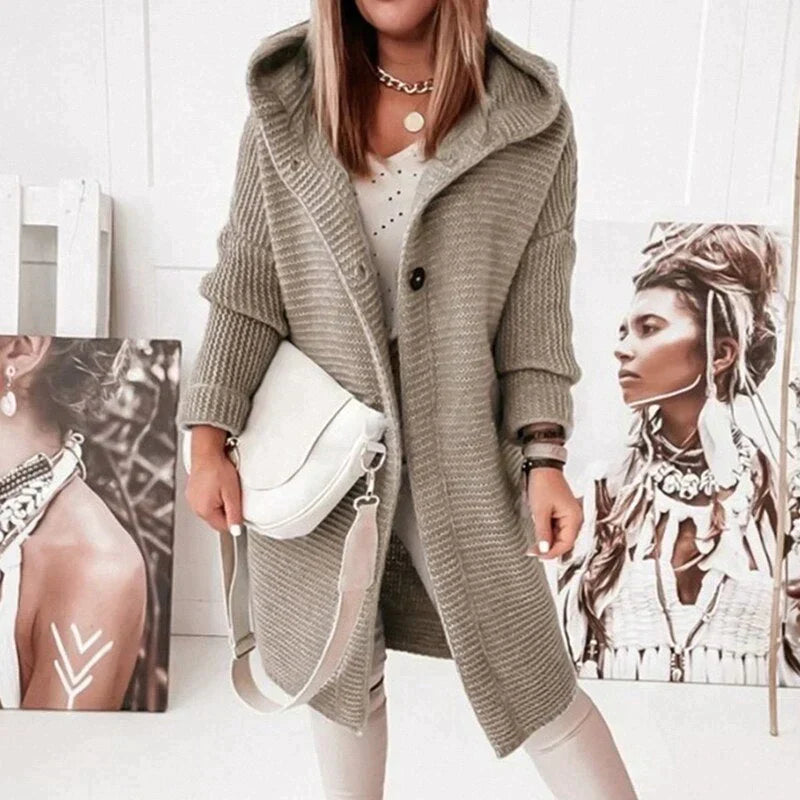 Drune - Lange warme Strickjacke mit Kapuze