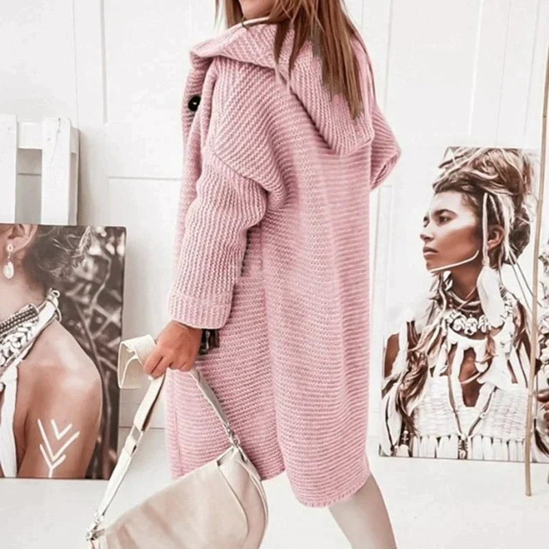 Drune - Lange warme Strickjacke mit Kapuze