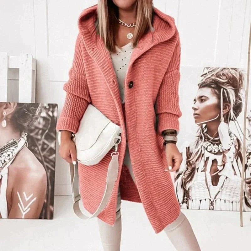 Drune - Lange warme Strickjacke mit Kapuze