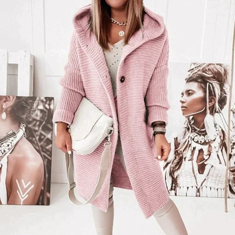 Drune - Lange warme Strickjacke mit Kapuze