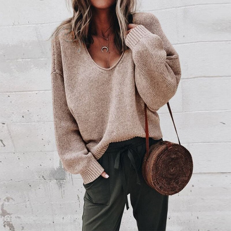 Drune Lose V-Ausschnitt Stricktop Pullover
